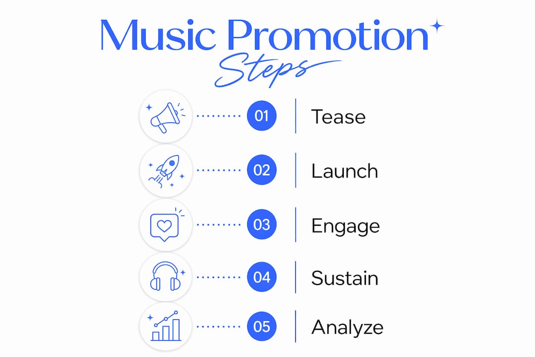Infographic showing music promotion steps flow