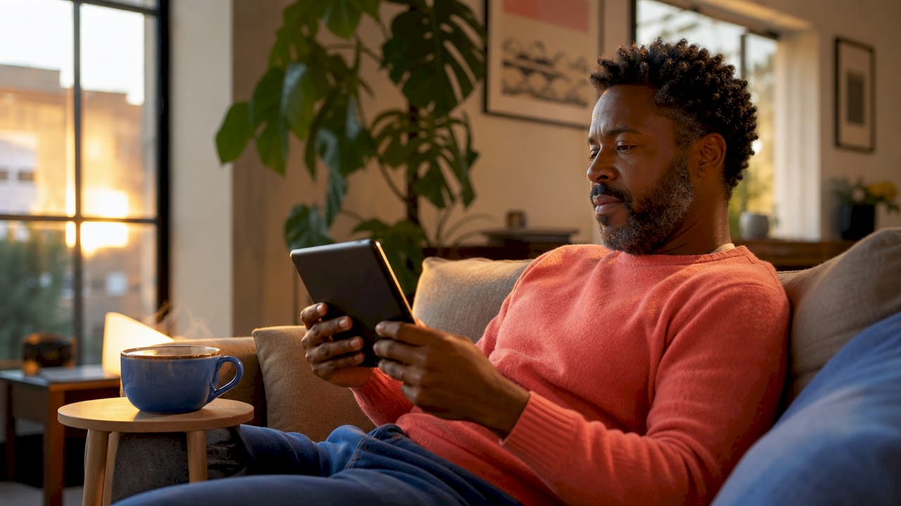 Man deeply engaged with music video storytelling