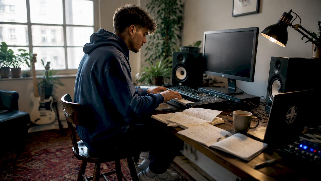 Hands working on music production gear