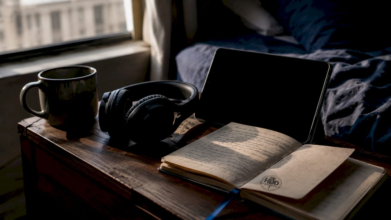 Close-up of fan's music listening setup on table