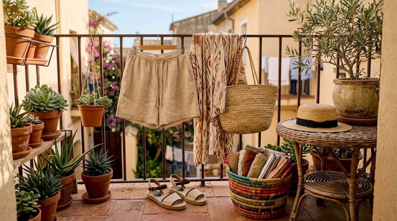 Flat-lay of evolving summer fashion clothing items