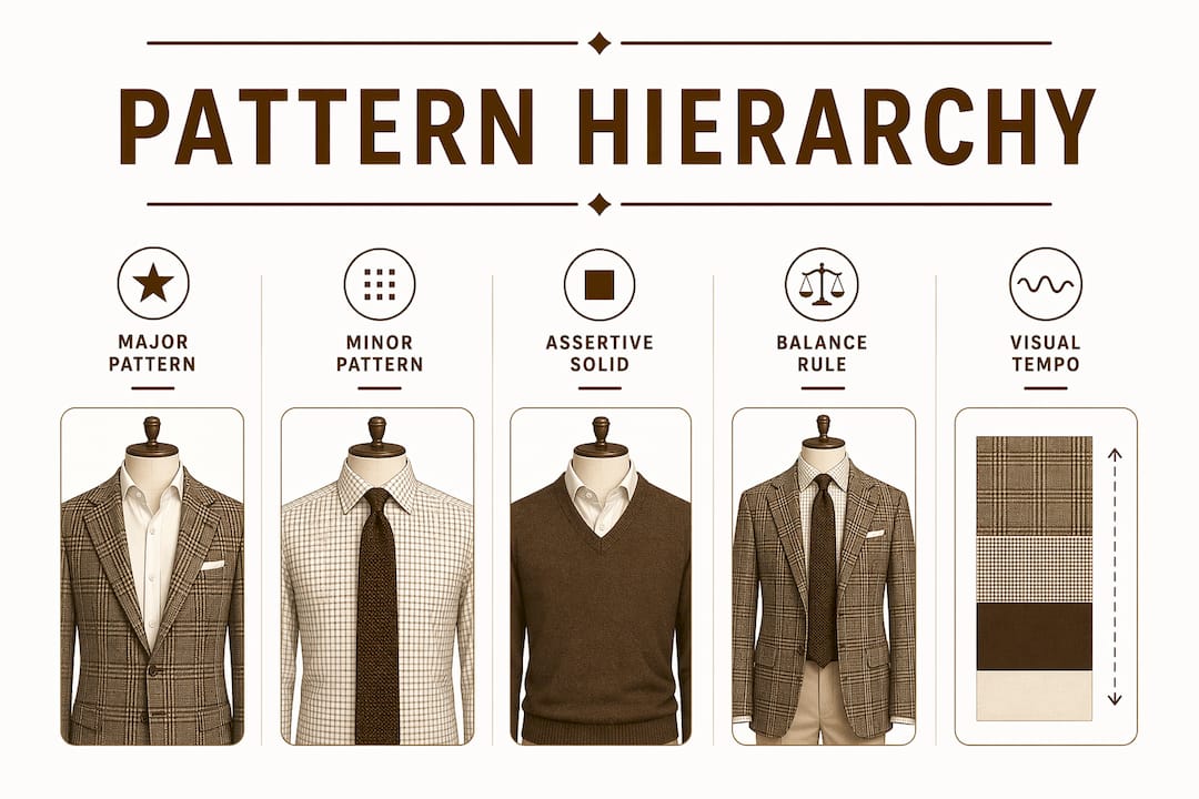 Infographic outlining menswear pattern hierarchy and mixing principles