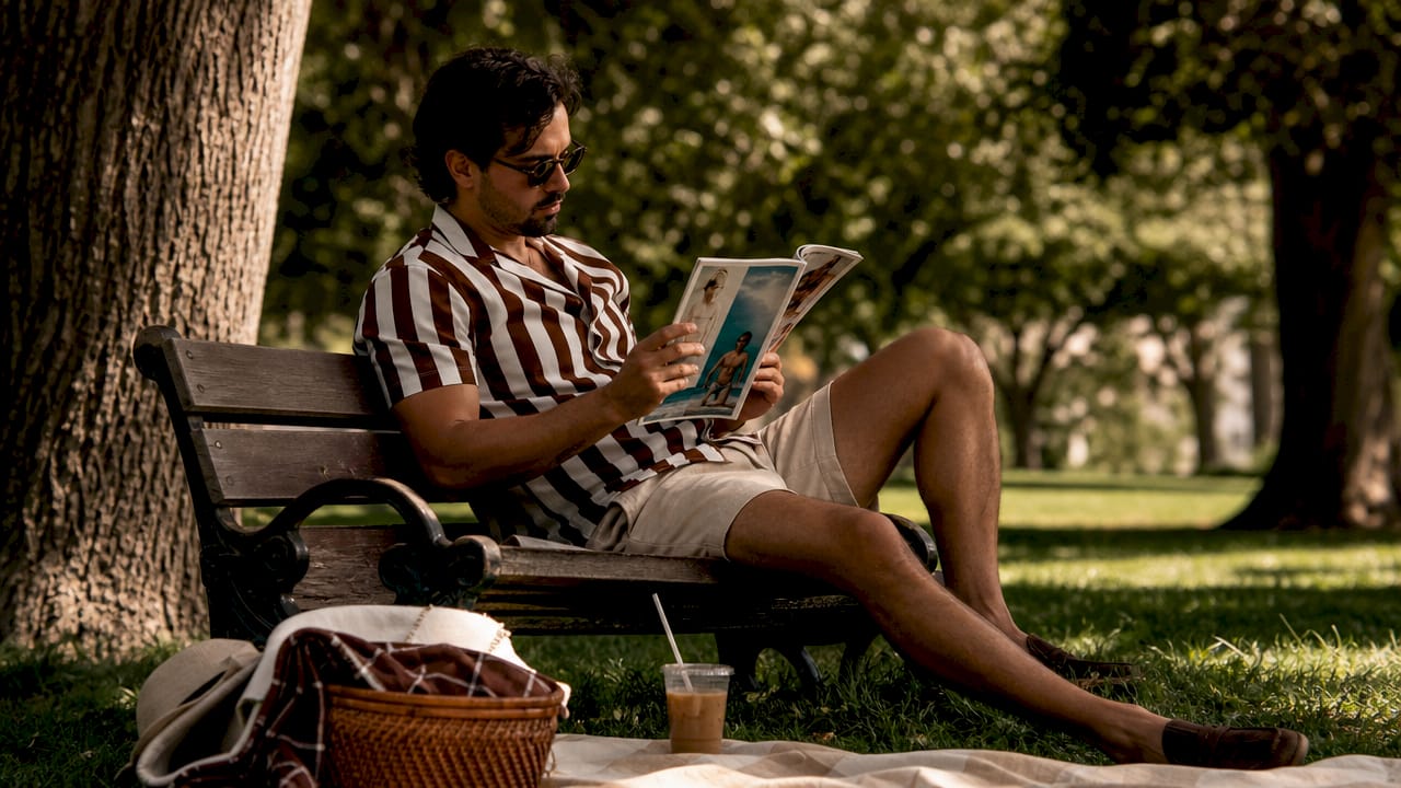 Overhead view of man wearing striped shirt at café table