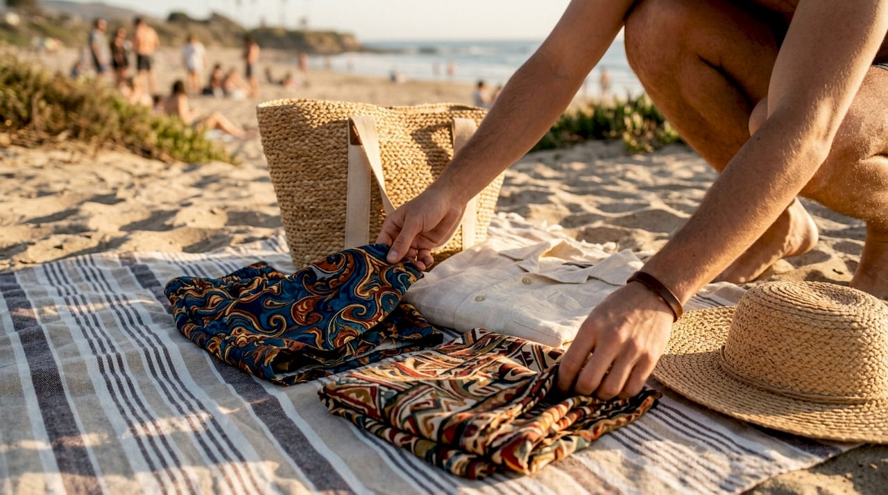 Hands arranging versatile beach clothes