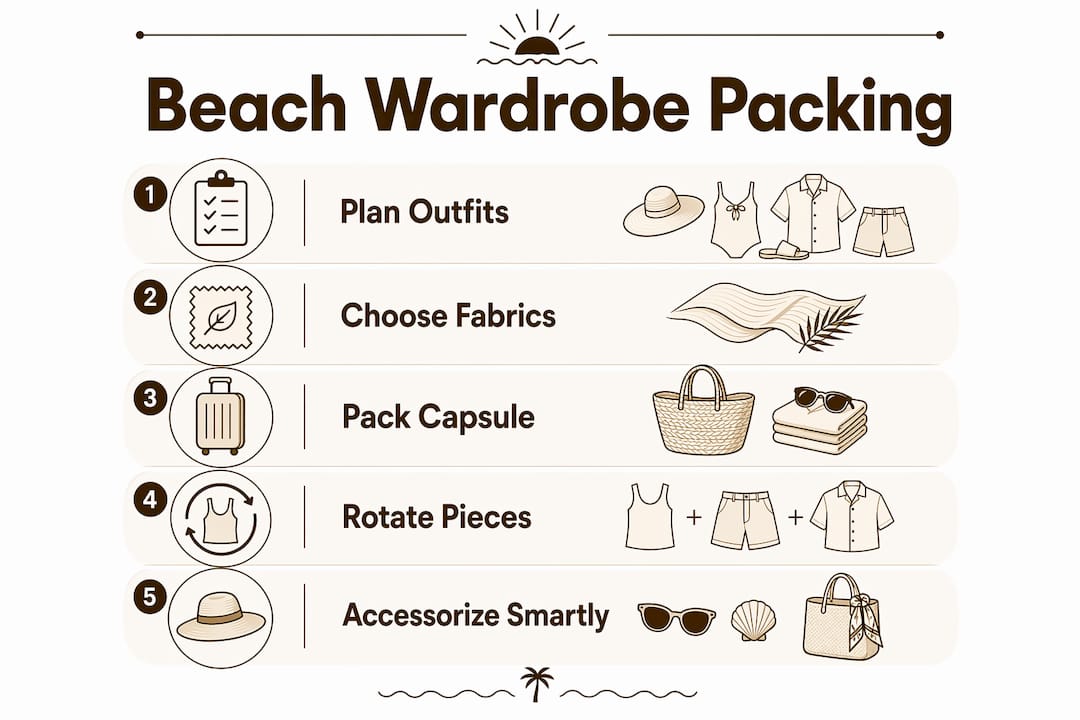 Infographic outlining beach wardrobe packing steps
