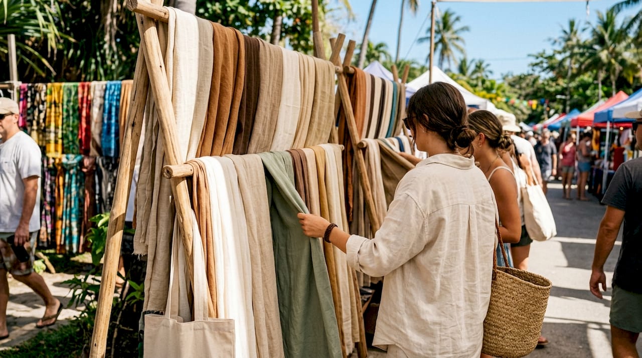 Close-up of tropical fabrics on wooden table
