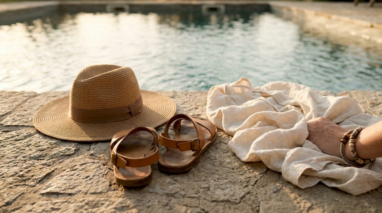 Flat sandals and hat with poolside accessories
