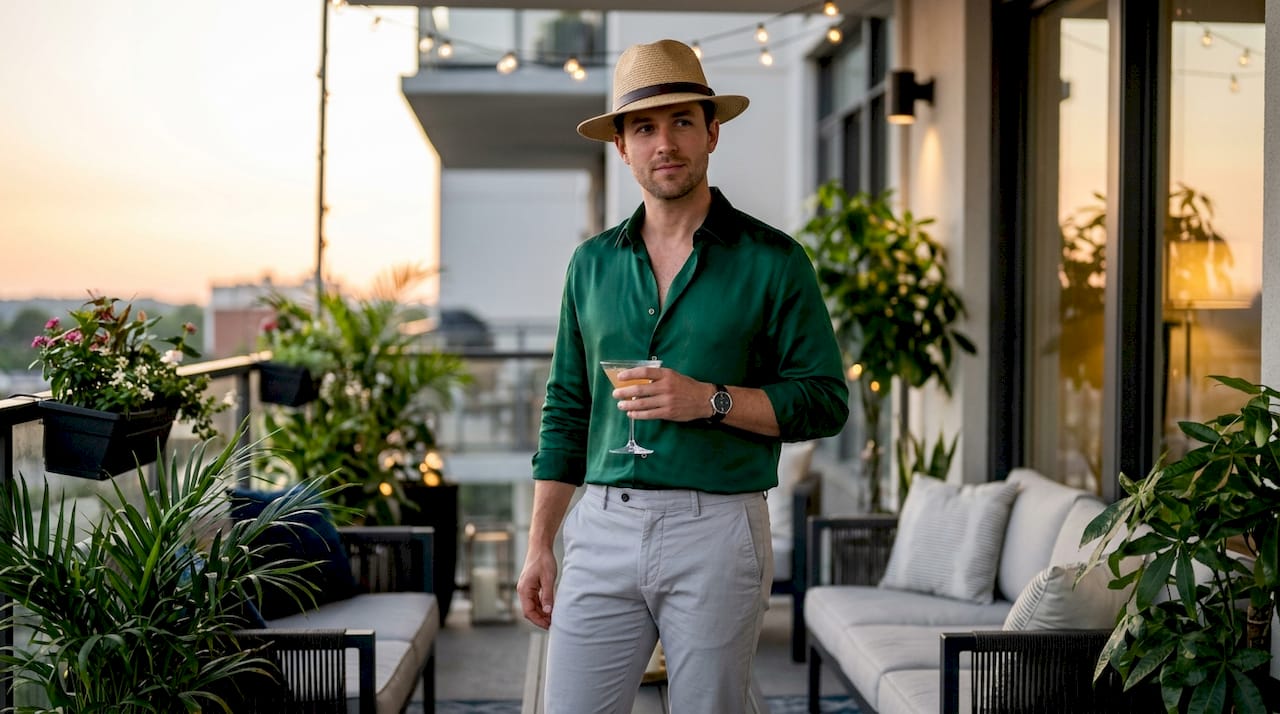 Man in cobalt blue outfit on rooftop party