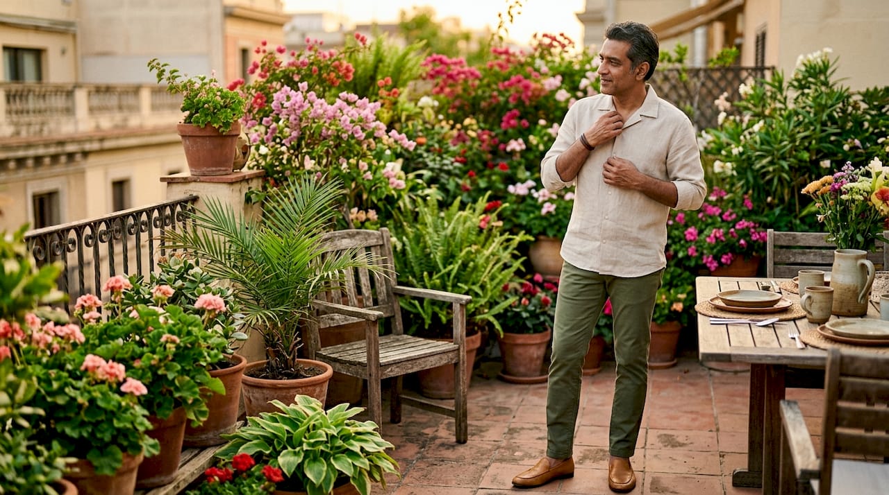 Man buttoning linen shirt near window at home