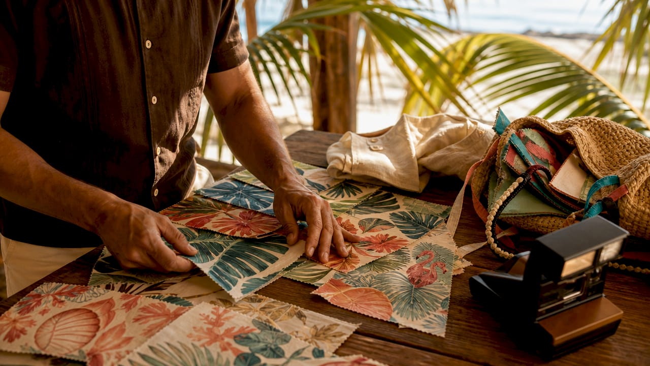 Fabric swatches with tropical prints on table