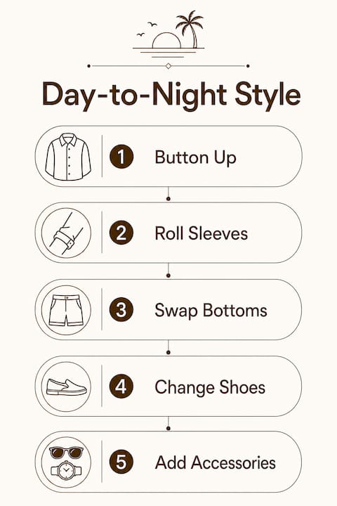 Infographic showing day to night beach shirt style steps