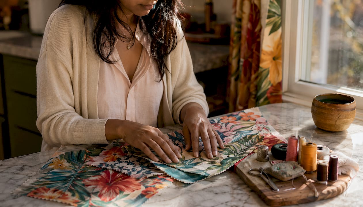 Hands touching tropical print fabric samples