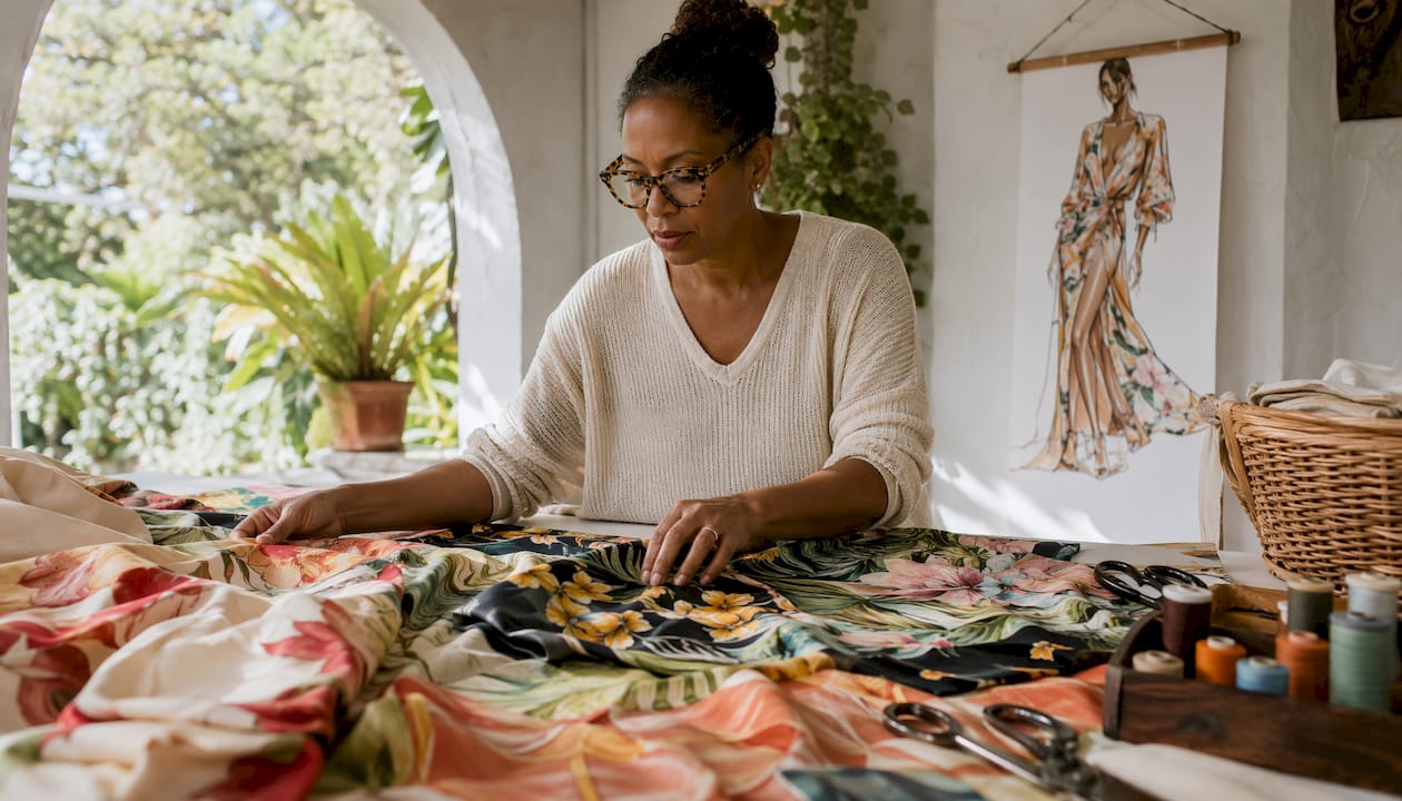 Designer reviewing luxury tropical fabrics