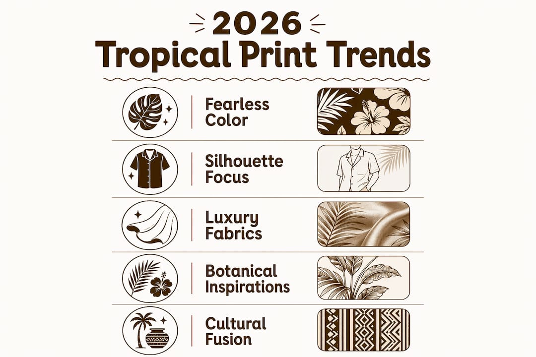 Infographic showing 2026 tropical print fashion trends