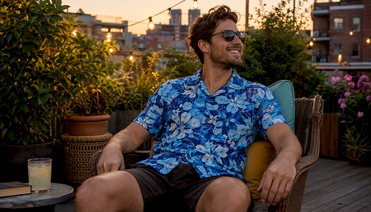 Man seated on patio wearing blue floral Dan Flashes shirt
