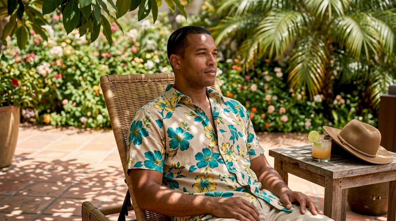 Man seated poolside bar wearing Dan Flashes shirt