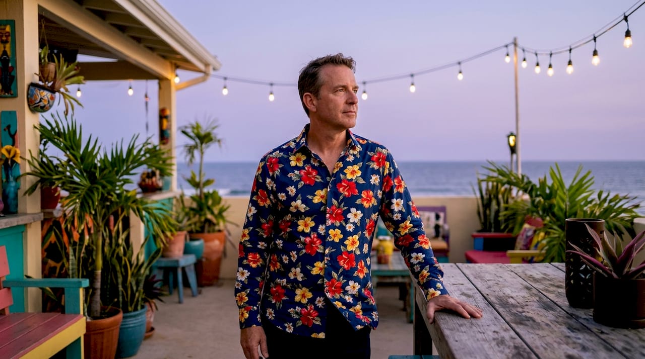 Man on cruise deck wearing Dan Flashes shirt at sunset
