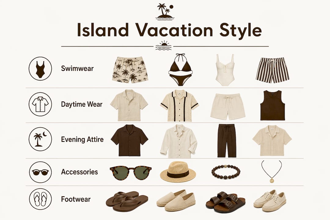 Infographic summarizing island vacation outfit categories