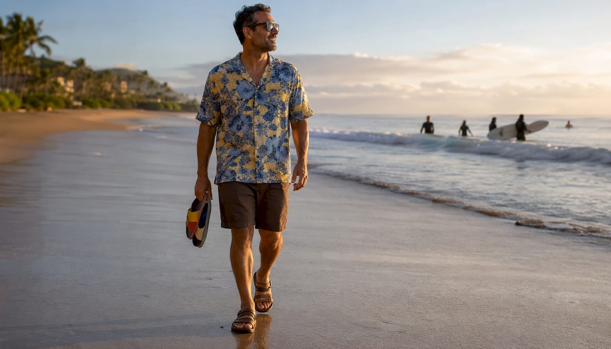 Man walking boardwalk with Dan Flashes shirt and sandals