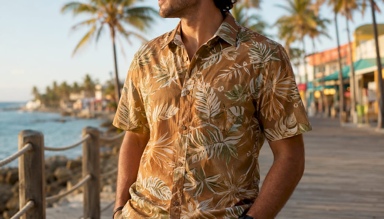 Close-up of man’s Dan Flashes light earth tone shirt with palm pattern