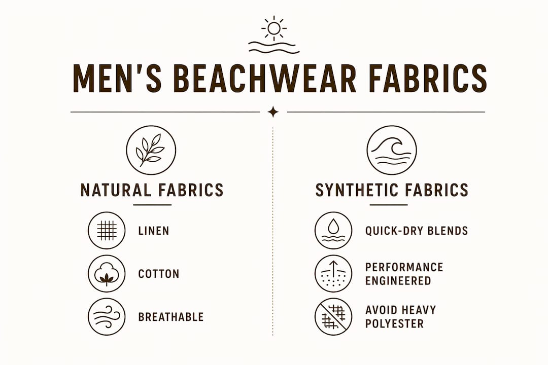 Infographic comparing men's beachwear fabrics natural vs synthetic