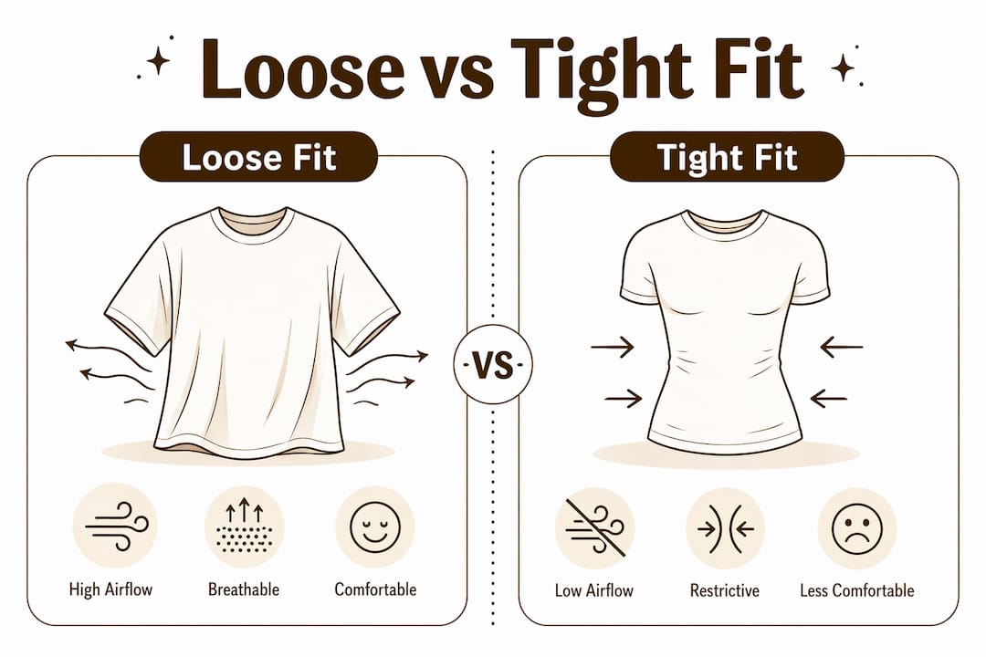 Infographic comparing loose and tight fit suits at the beach