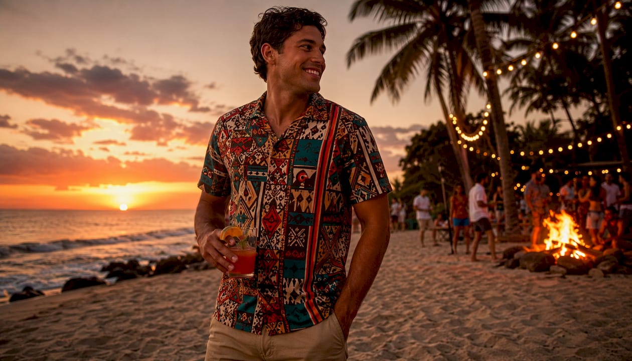 Man in Dan Flashes graphic shirt at backyard summer party
