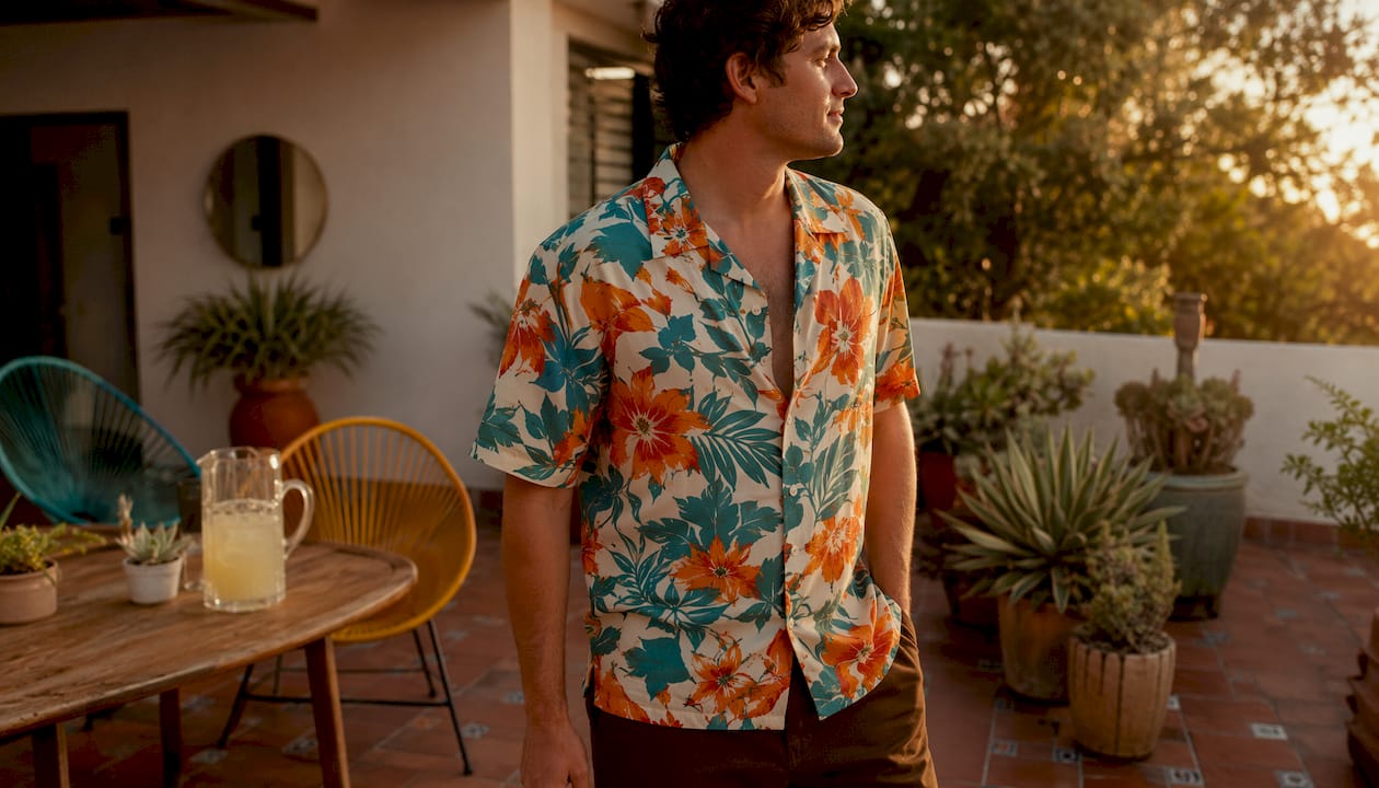 Man in Dan Flashes shirt on sunlit patio