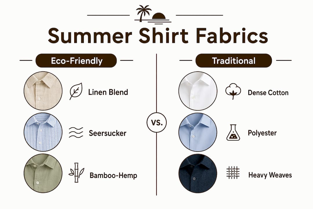Infographic comparing sustainable and traditional summer shirt fabrics