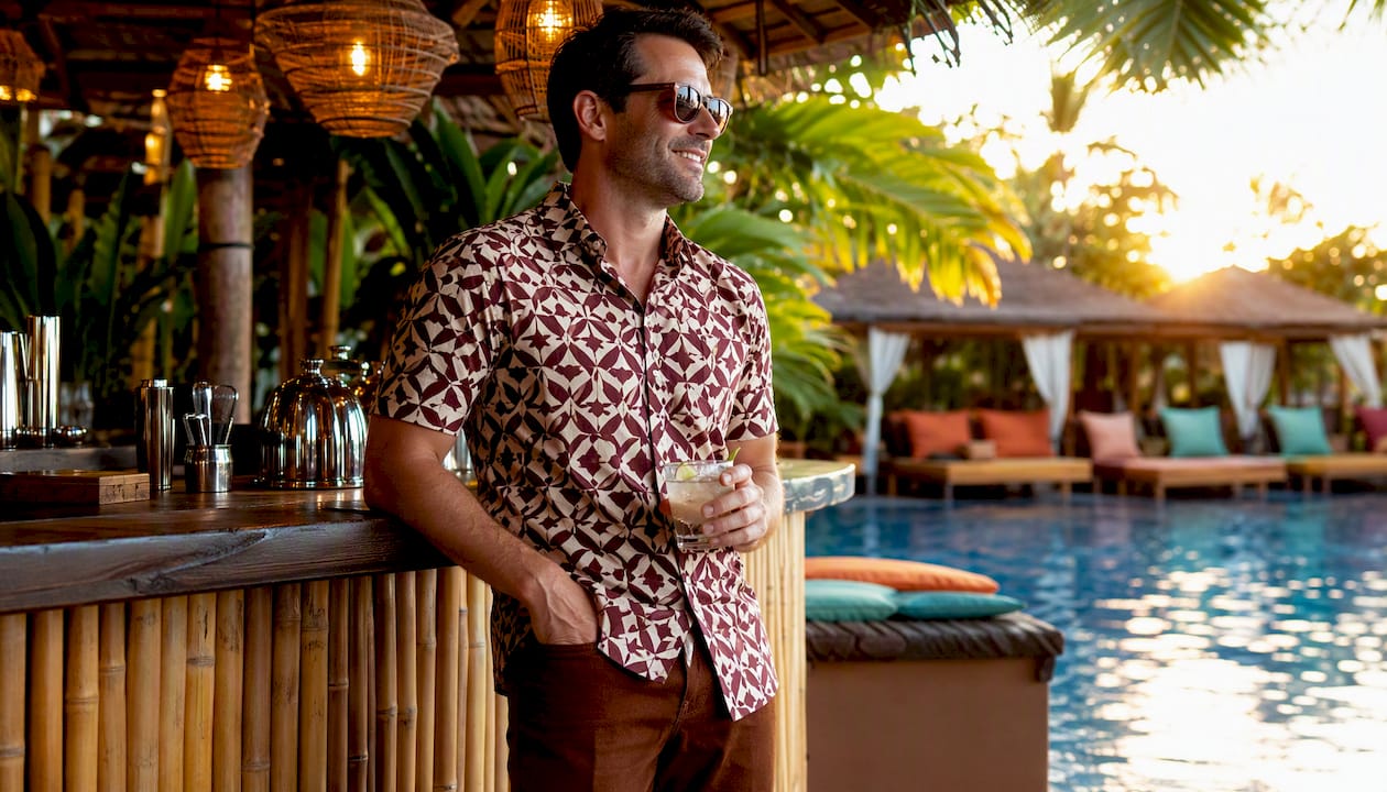 Man wearing Dan Flashes geometric shirt at pool bar