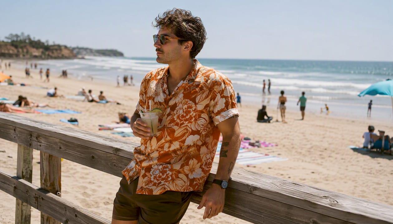 Man posing in Dan Flashes tropical floral shirt on boardwalk