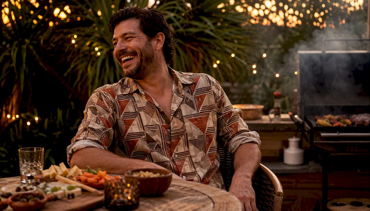 Man wearing Dan Flashes patterned shirt sitting at backyard BBQ