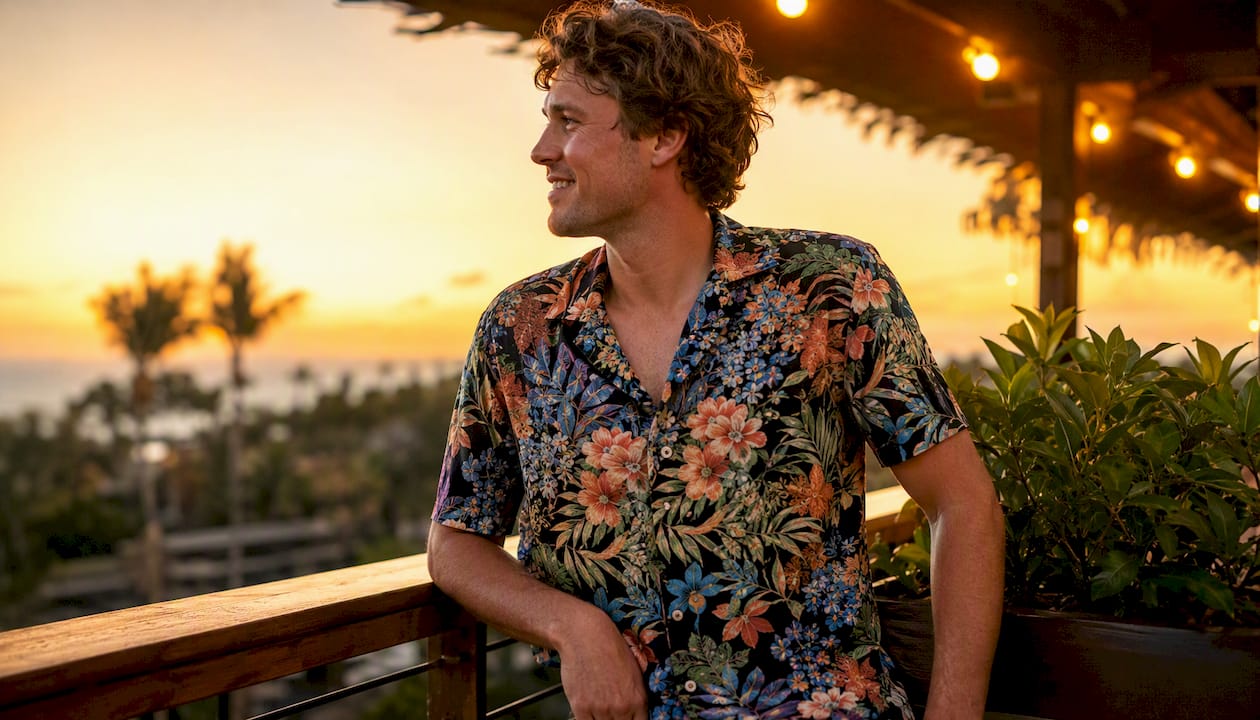 Man in tropical shirt on patio at sunset
