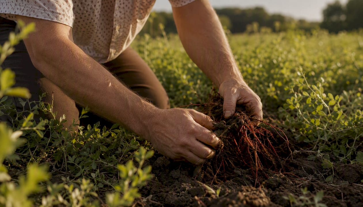 Man harvesting madder roots on rural farm