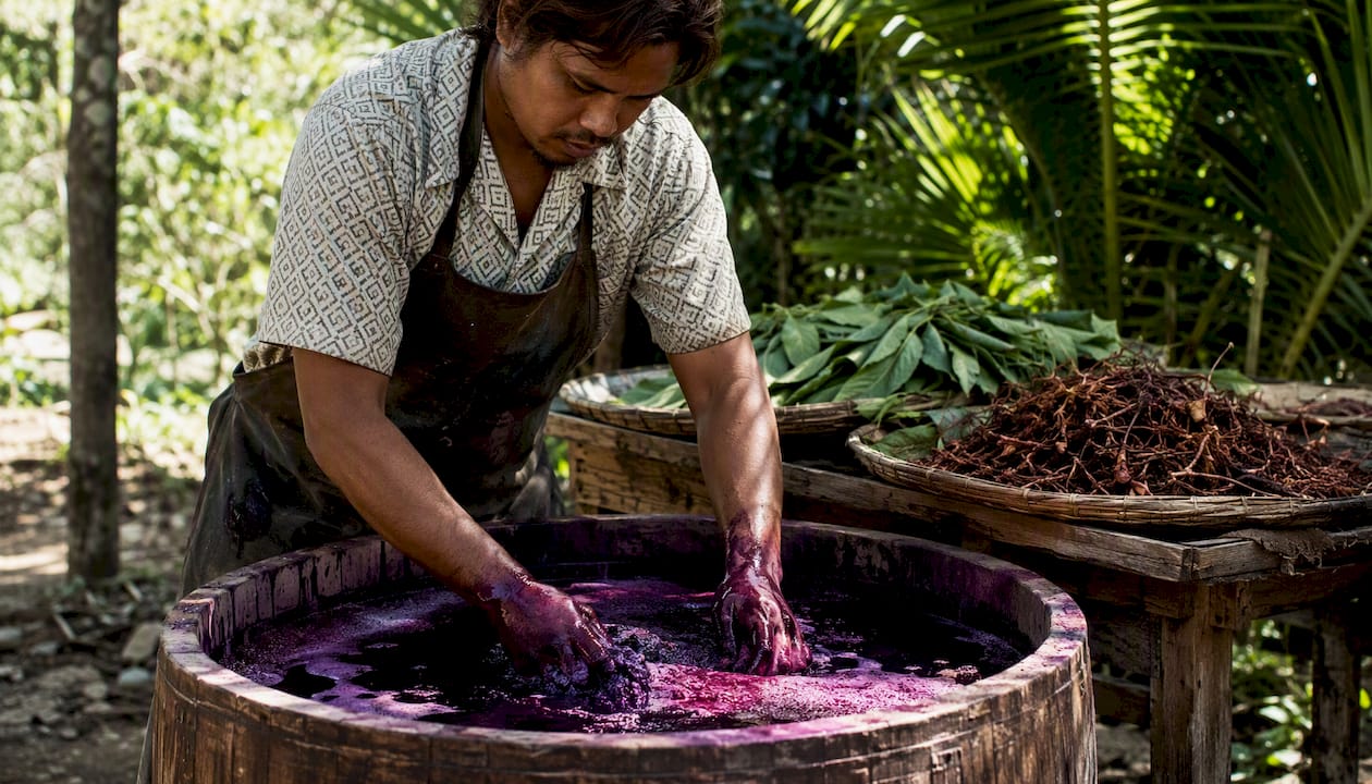 Hands stirring plant-based natural dye vat