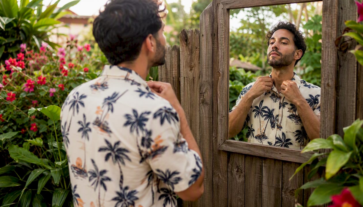 Man adjusting shirt collar while inspecting fit
