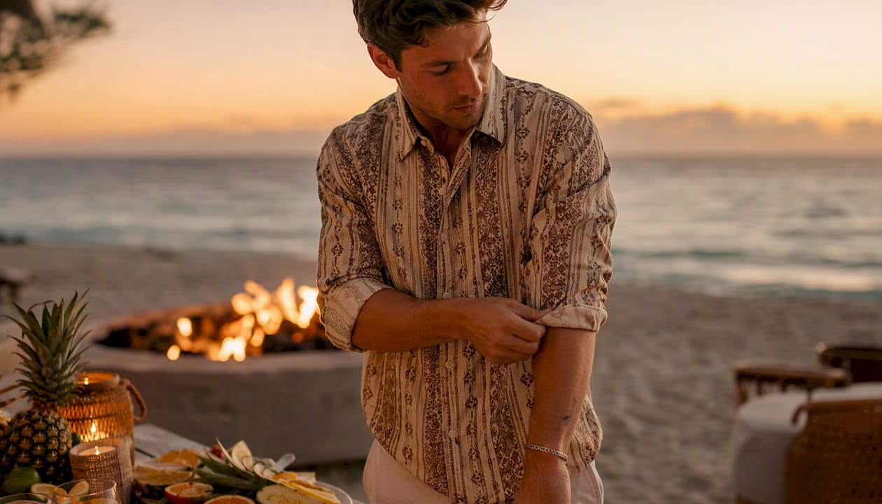 Man buttoning bamboo hemp shirt at beach party