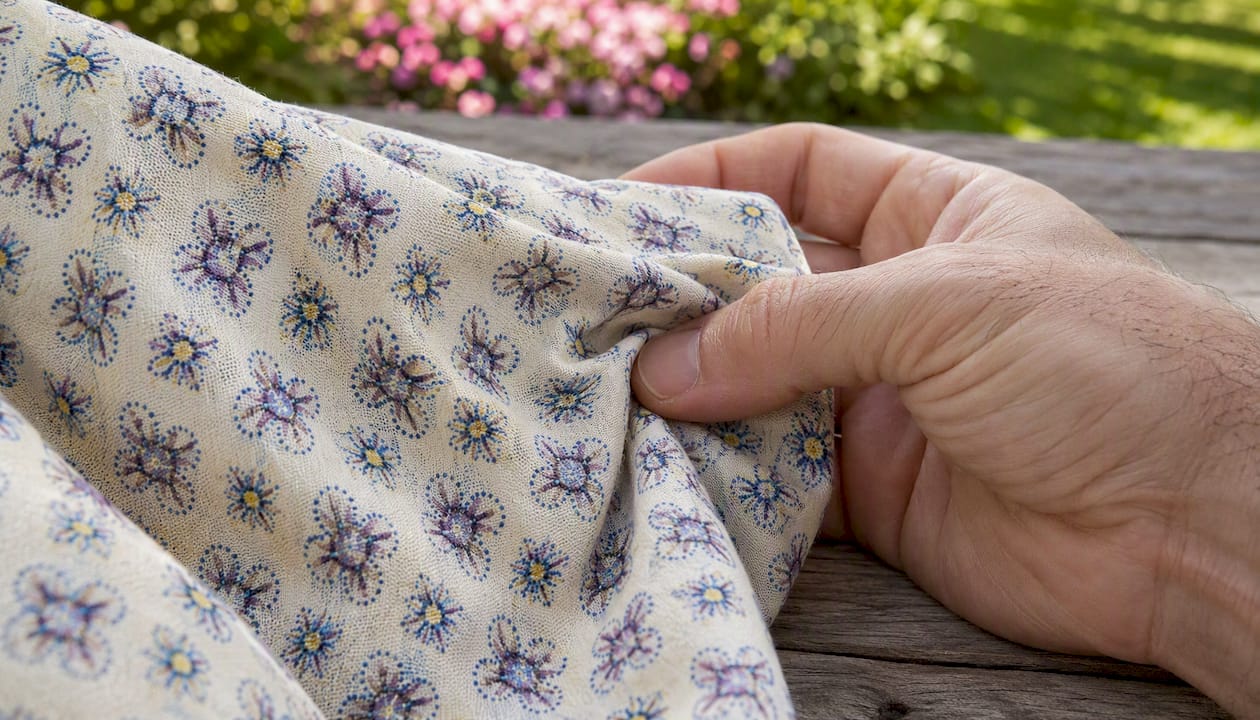 Close-up cotton shirt fabric texture held by hand
