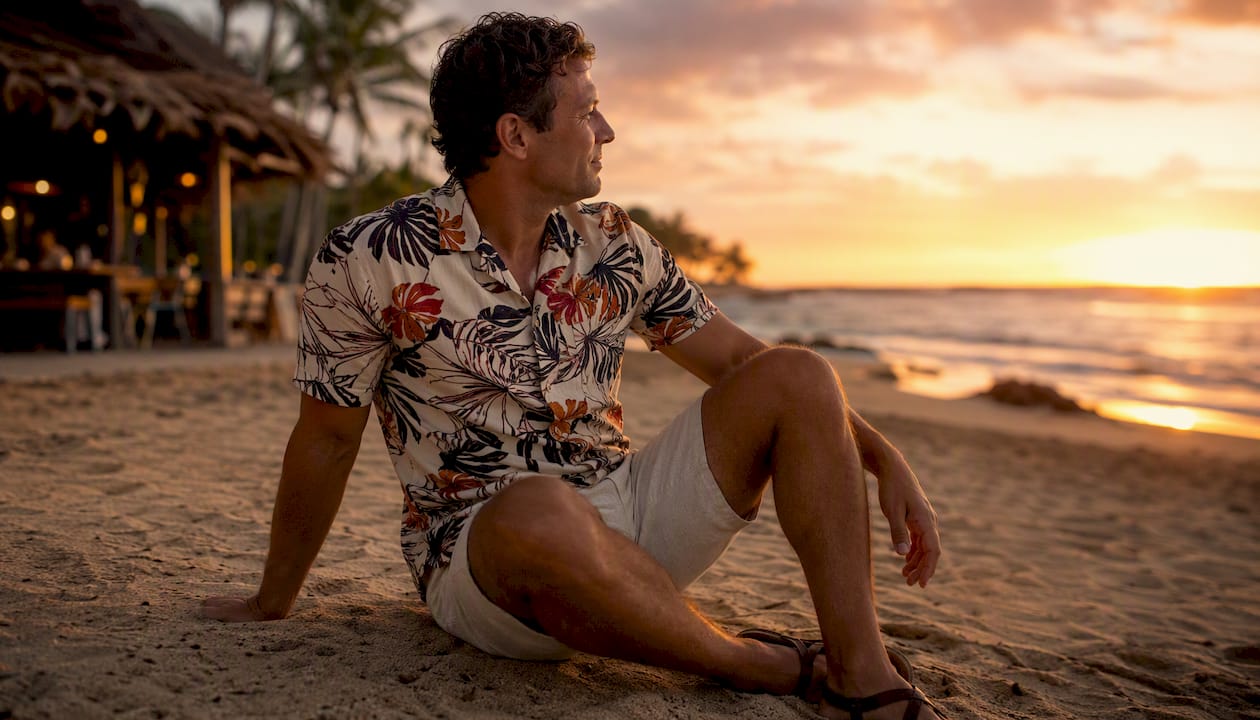 Man in Hawaiian shirt at beach sunset dinner