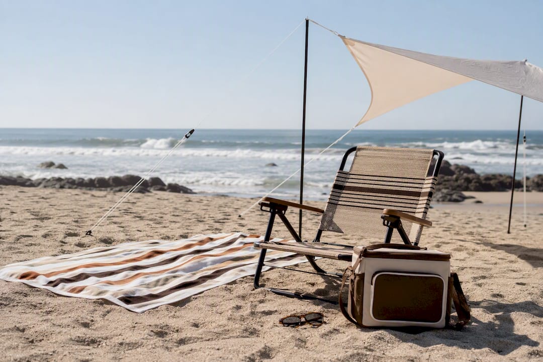 Beach towel, cooler, and shade umbrella on sand
