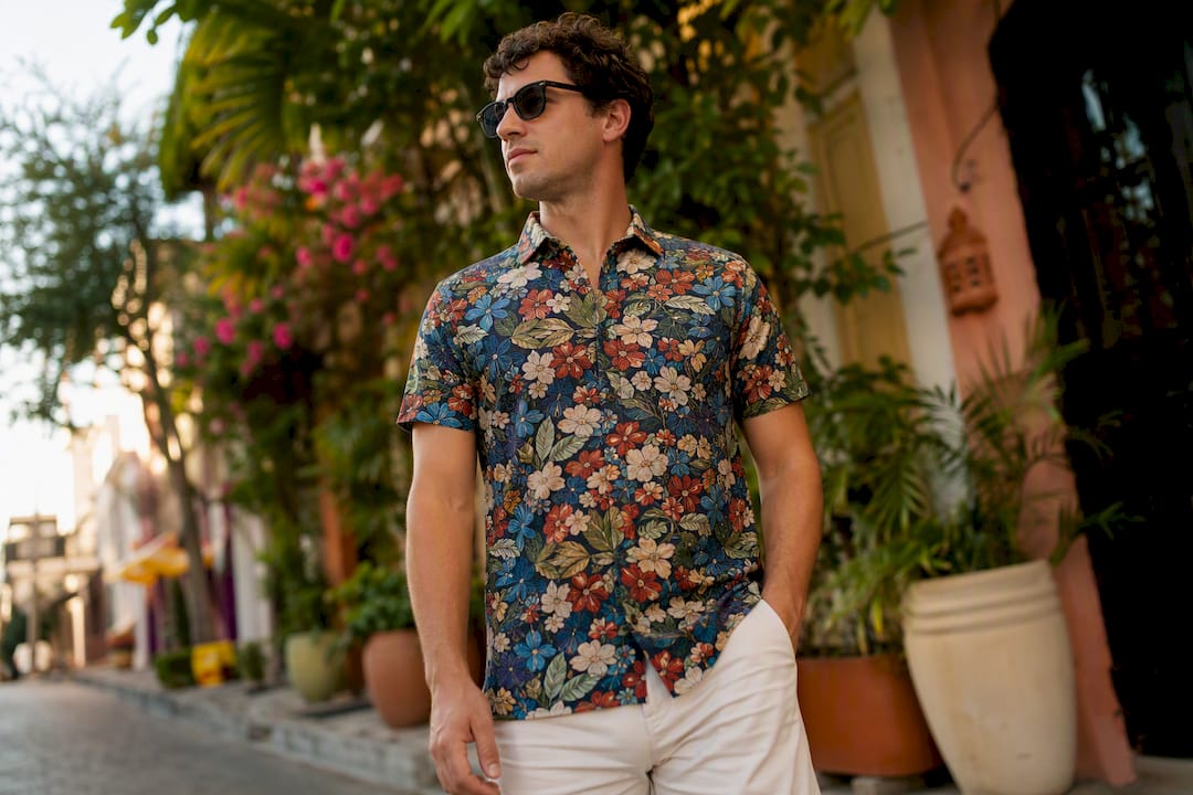 Man with good posture in Dan Flashes shirt on street