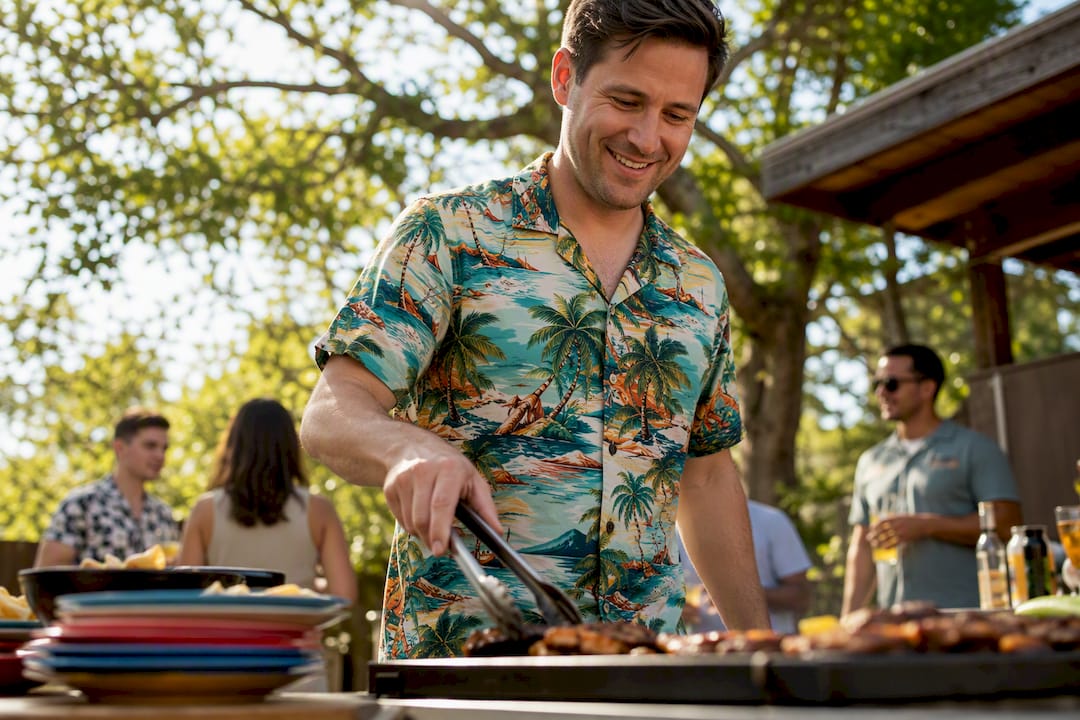 Man pouring beer wearing Dan Flashes shirt at BBQ
