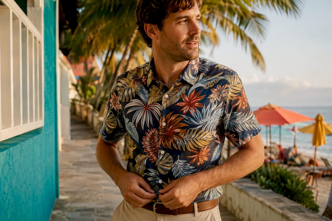 Man in button-up Hawaiian shirt on tropical street