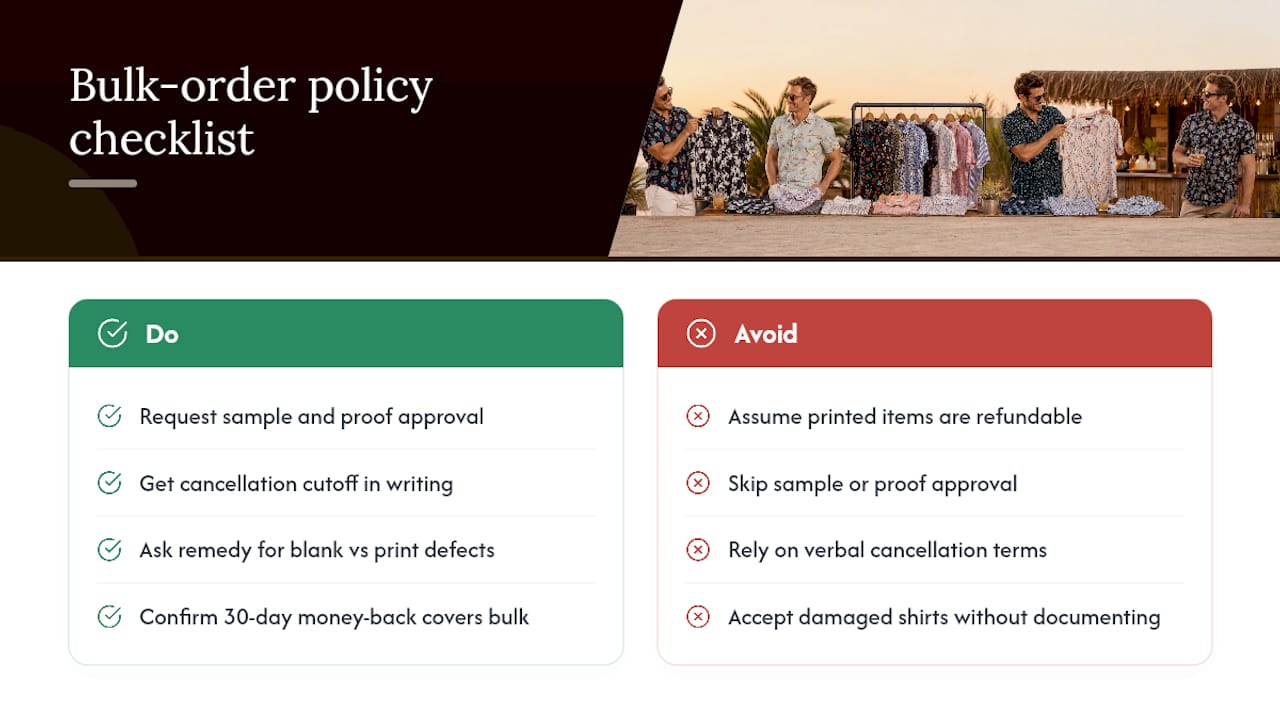 What are the return, exchange, and cancellation policies for bulk shirt orders? — overview diagram