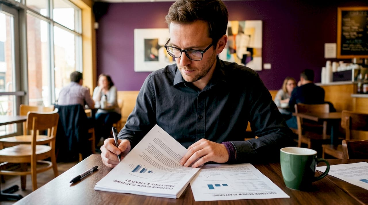 Man reviewing printed customer review reports