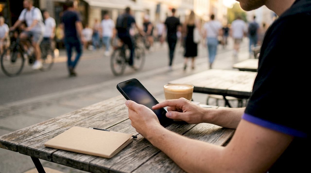Hands holding smartphone using WhatsApp AI