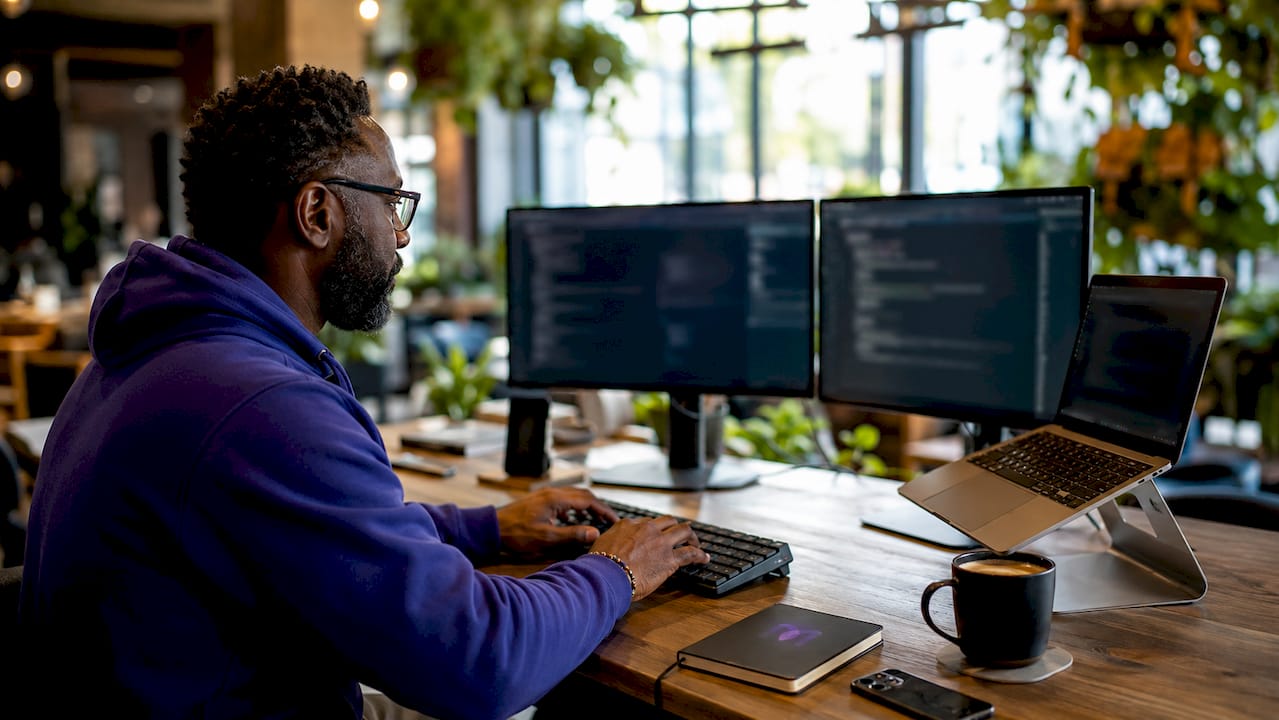 IT specialist hands typing on keyboard with monitors