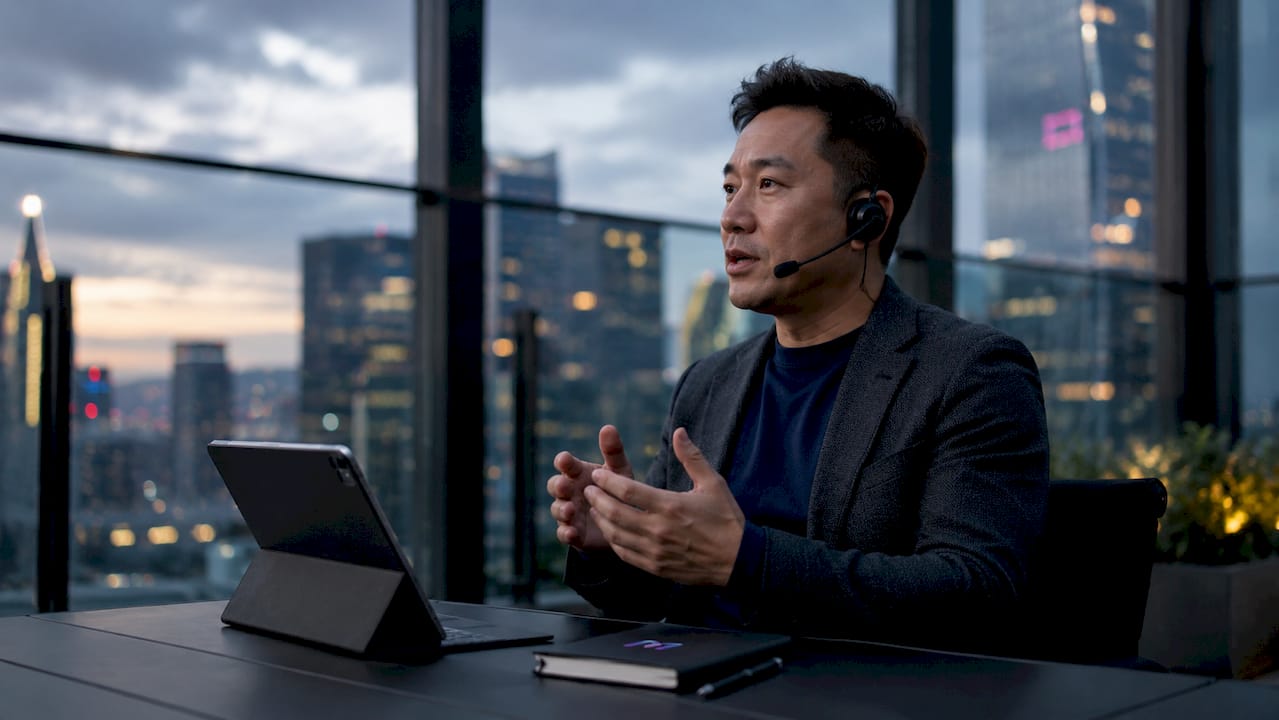 Man speaking into headset in corporate office