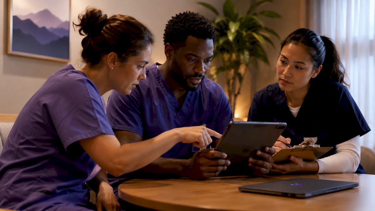 Healthcare team reviewing appointment schedule on tablet