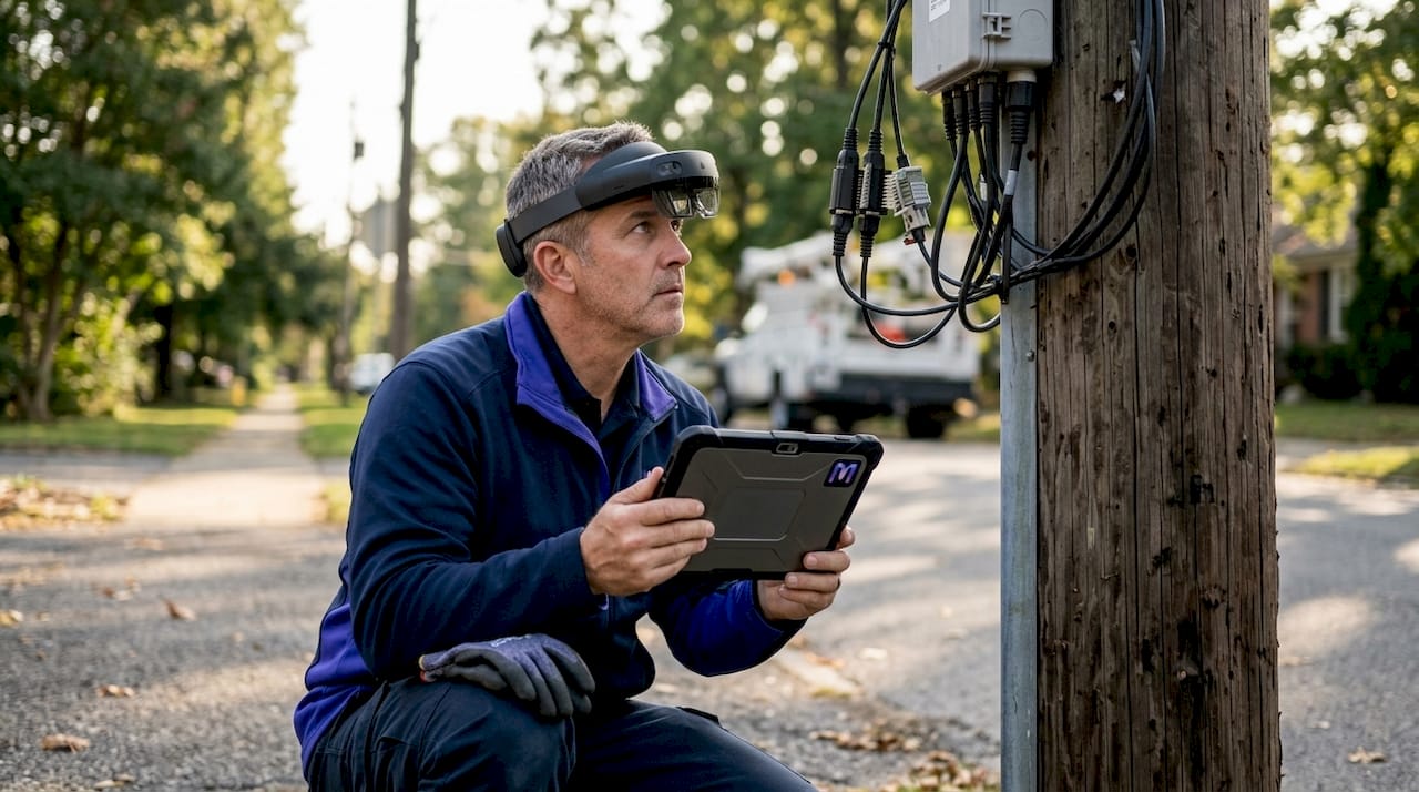 Field technician using AR device inspecting equipment